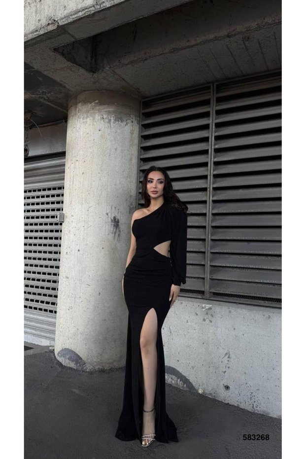 Flowers Stretch Fabric One Shoulder Pleated Detail Evening Dress 583268 Black