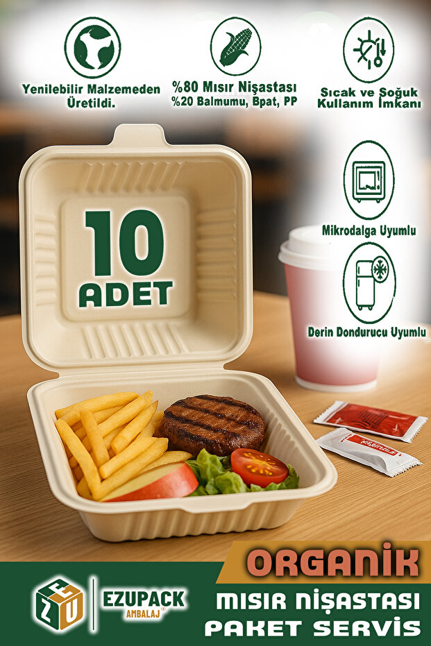 10 Adet ORGANİK Tek Göz Paket Servis Yemek Kabı Mikrodalga Derindorucu Dayanıklı Yıkanabilir - 1
