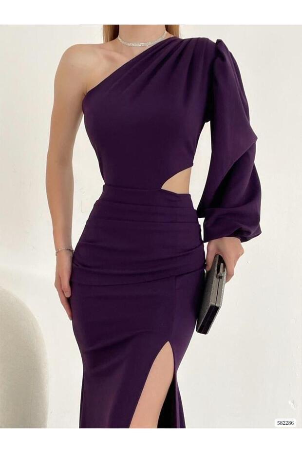 Tek Kol Derin Yırtmaçlı Krep Gece Elbisesi Abiye 582286 MOR - 2