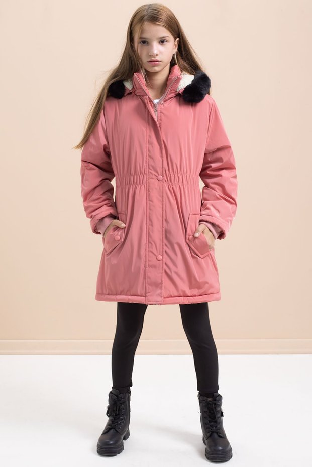 Dusty Rose Snap Pocket Flexible Waist Fur Inside Hooded Girl's Coat 21309