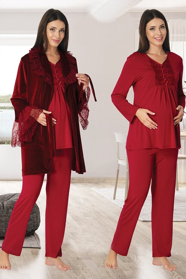 Women's Cherry Velvet Winter Lace Design Maternity Pajama Set with Dressing Gown 3-Piece Set