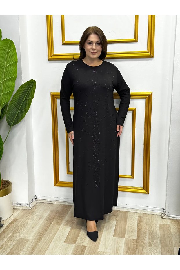 Women's Black Color Plus Size Sprinkled Stones Stylish Evening Dress