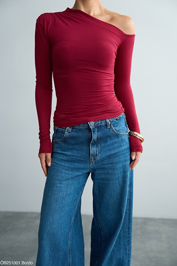 Women's Asymmetrical Neckline Long Sleeve Blouse – One Shoulder Burgundy - Black - Ecru