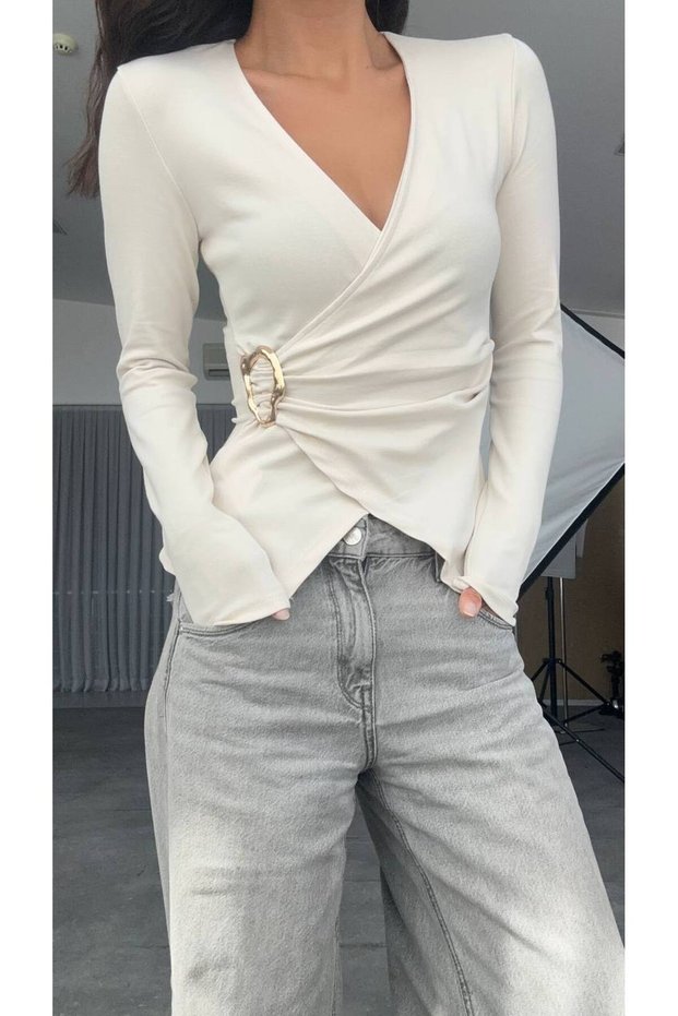 Women's Long Sleeve Buckle Detailed V-Neck Double Breasted Design Blouse Gold Detail