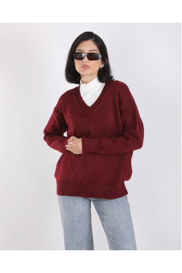 Women's Burgundy V-Neck Oversize Loose Knit Sweater