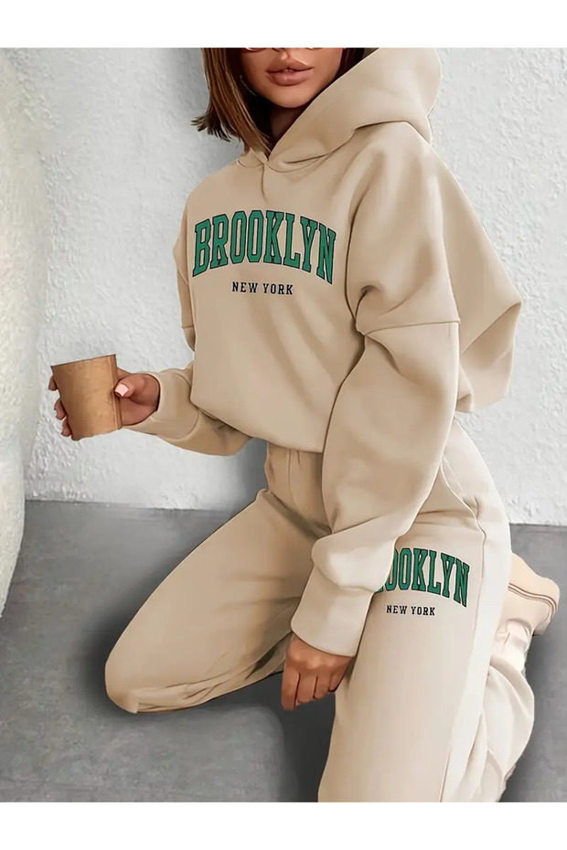 Unisex Men's Women's Brooklyn New York Printed Oversize 3 Thread Hooded Tracksuit Set