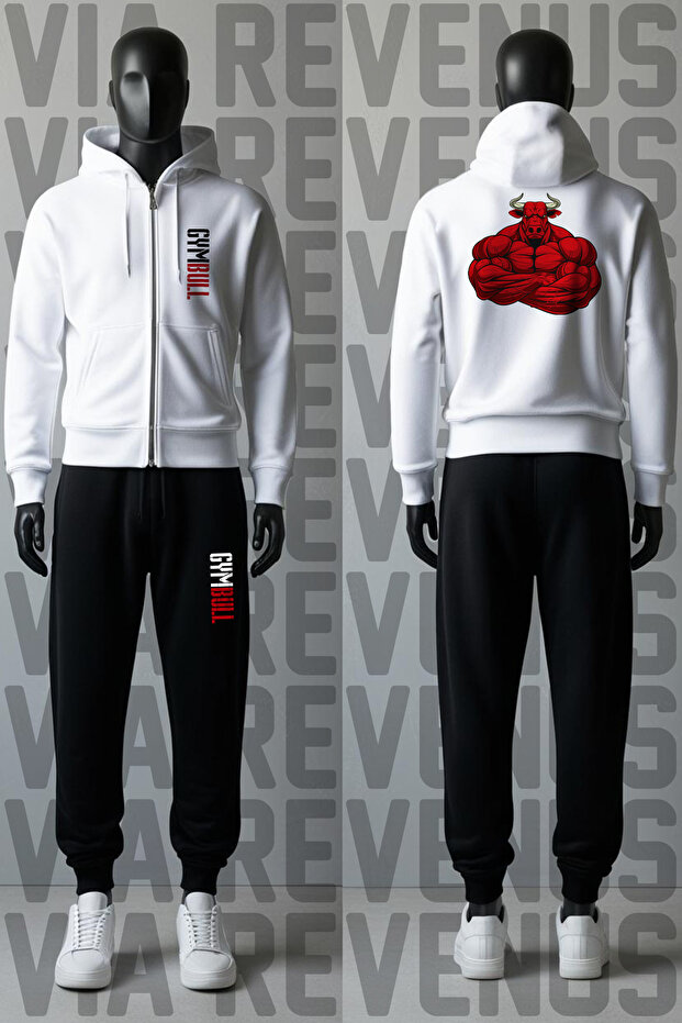 Gym Bull Printed Zipper Hooded Tracksuit Set
