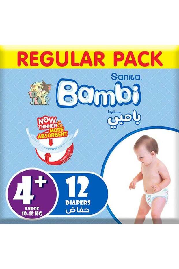 Bambi Baby Diapers, Size 4+, 10 - 18 Kg, 12 Count - Large, Regular Pack, Now Thinner And More
