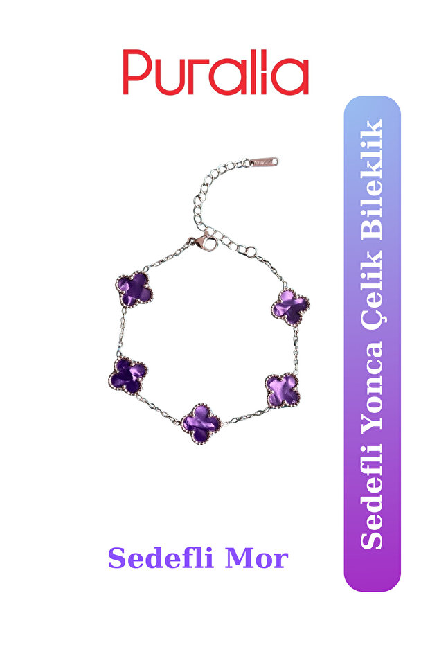 Sedefli Mor Yonca Çelik Bileklik - 1