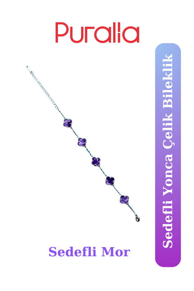 Sedefli Mor Yonca Çelik Bileklik - 4