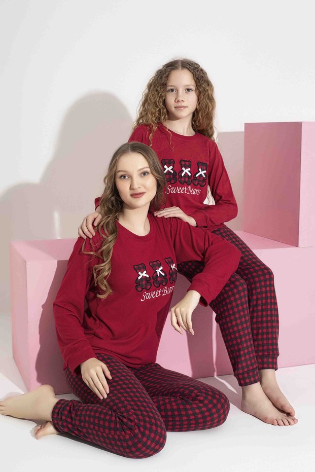 Tarik Women's Red Teddy Bear Pattern Mother-Daughter Matching Thermal Winter Warm Soft Pajama Set