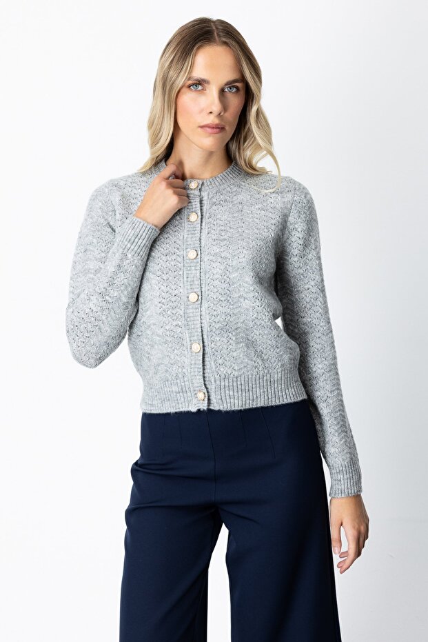 Buttoned Crew Neck Cardigan - 1