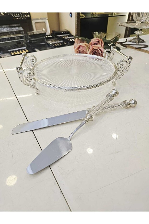 3 Piece Cast Metal Frame Glass Pie Presentation Set Silver
