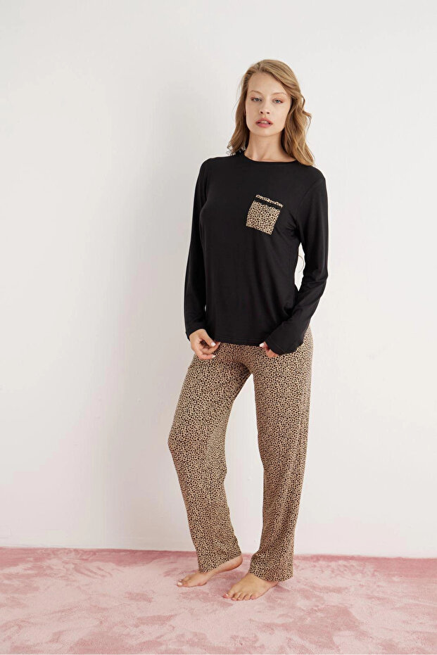 Women's Ring Viscose Fabric Leopard Patterned Black Pajama Set - 9580