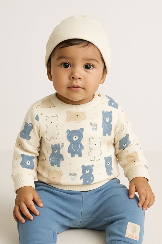 Baby Boy Teddy Bears World Long Sleeve Collar Buttoned Bottom Top Baby Set 100% Cotton