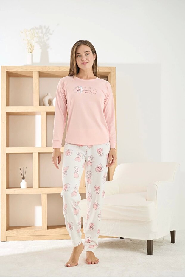 Women's Thermosoft Fabric Crew Neck Pink Pajama Set - 7900