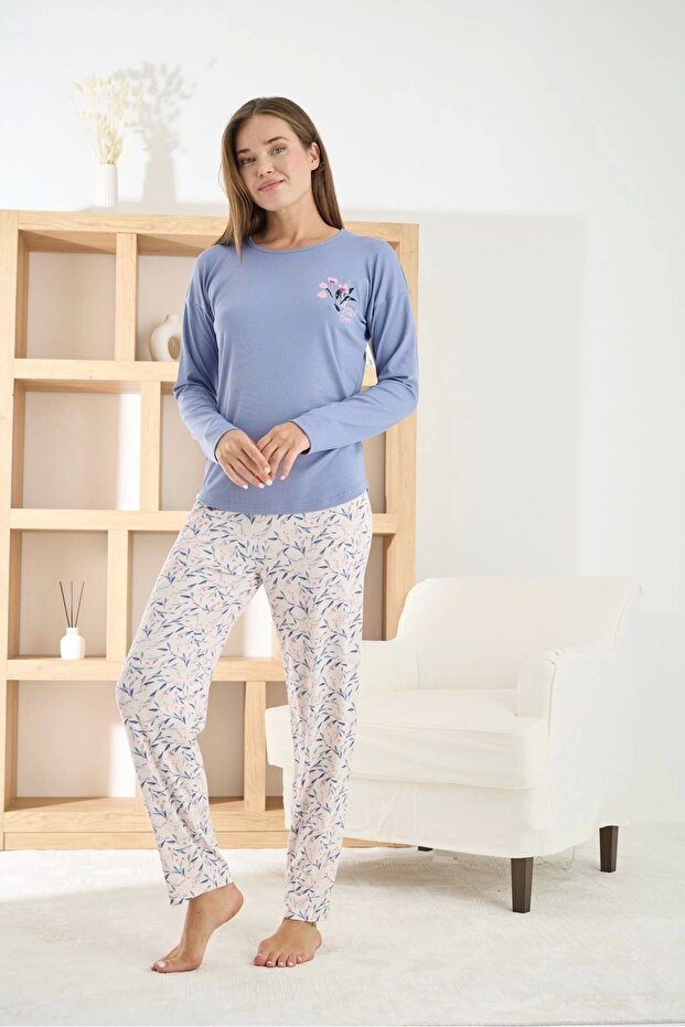 Women's Berlin Fabric Crew Neck Blue Pajama Set - 8811