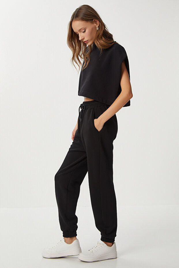 Şardonlu Jogger Örme Eşofman Altı LCR0099 SİYAH - 1