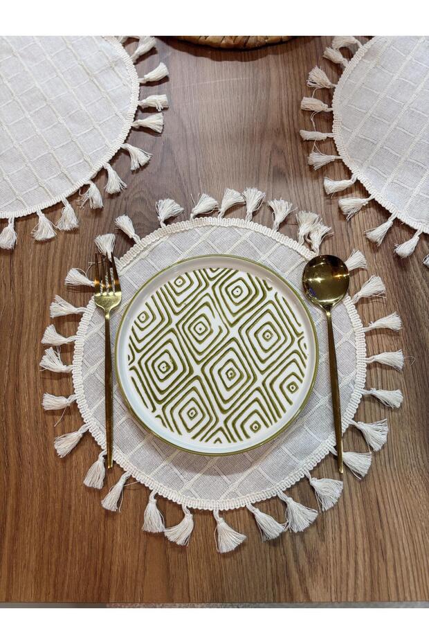 100% Raw Linen Monica Pattern Tasseled American Tablecloth 40 cm