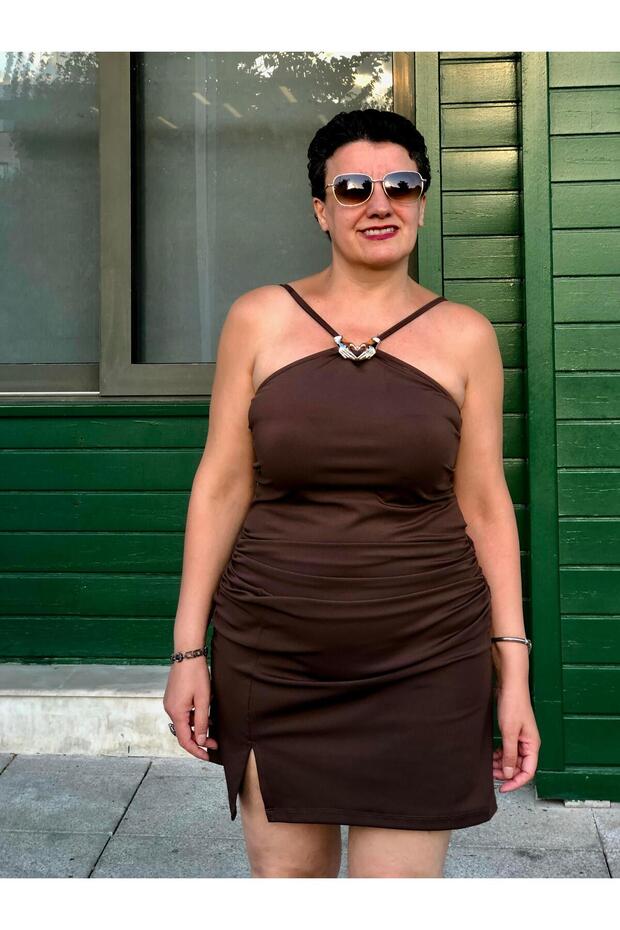 DRAPELİ HALTER MİNİ ELBİSE - 3