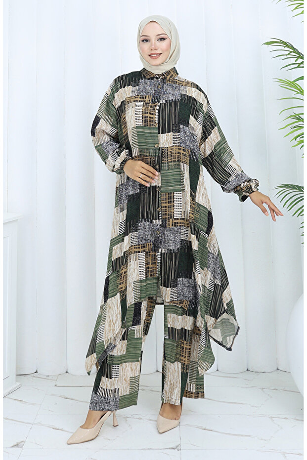 Viscose Fabric Tunic Trousers Double Set 2139-01 Khaki Mink