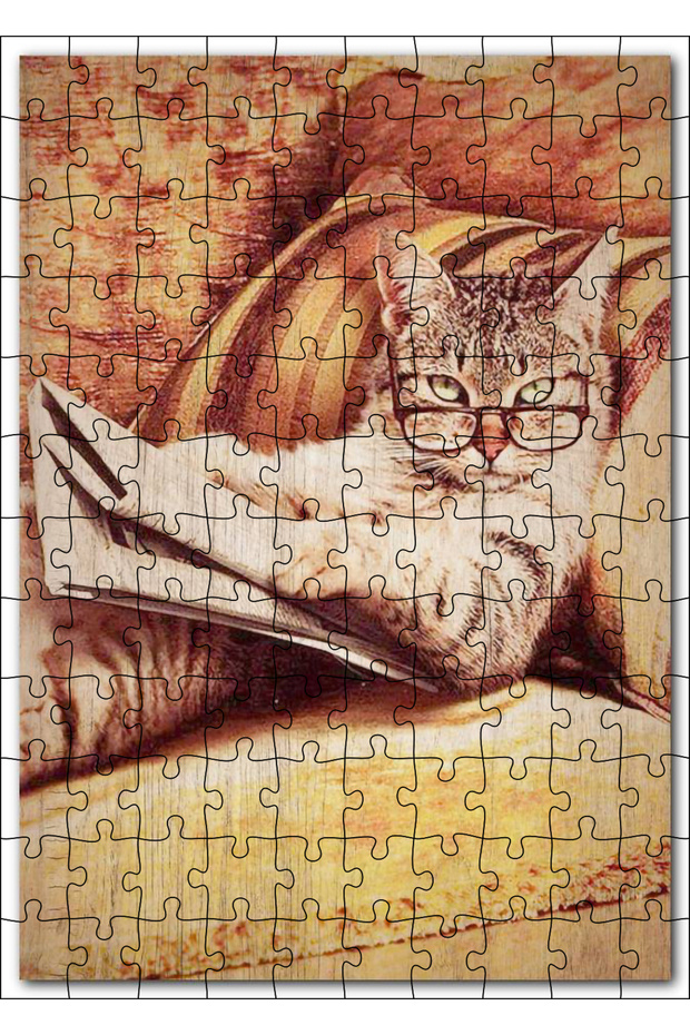 Cakasepetim Retro Cat Reading a Book Printed Visual 120 Piece Puzzle Jigsaw Puzzle Mdf (Wood)