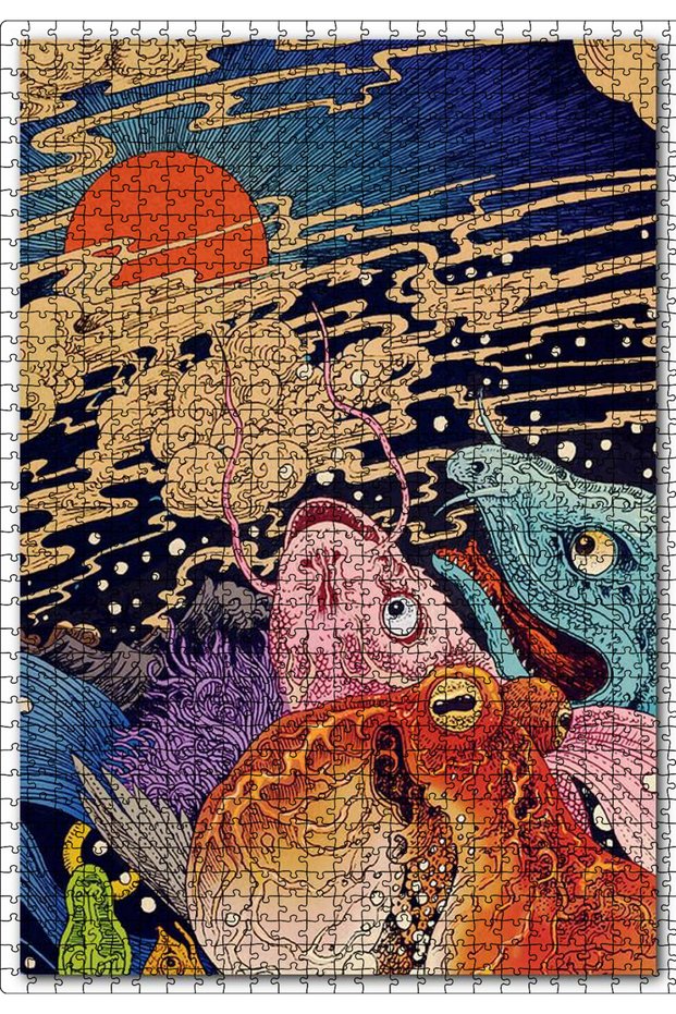 Cakasepetim Octopus Fishes and Sunset Illustration 1000 Piece Puzzle Jigsaw Mdf (Wood)