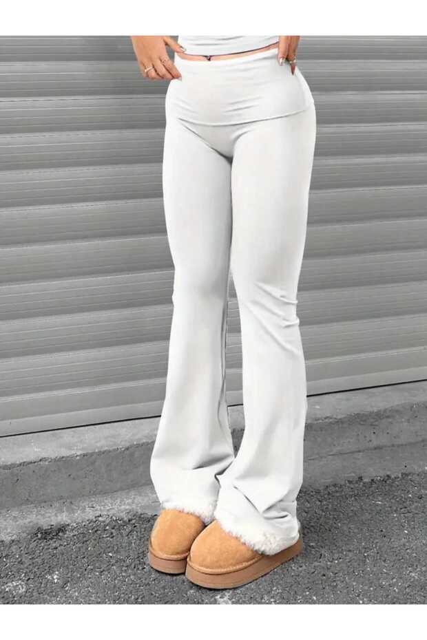 Ecru Color Waist Folded Flare Spanish Leg Pants, Waist Folded Leggings