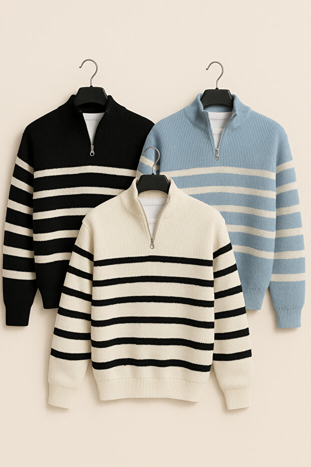 Men's Corded Fabric Half-Zip Collar Detail 3-Piece Striped Sweater