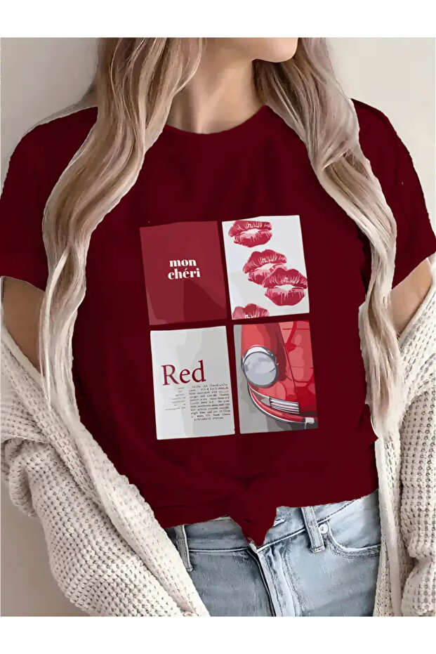 Mon Cheri Red Printed Women's Cotton T-Shirt