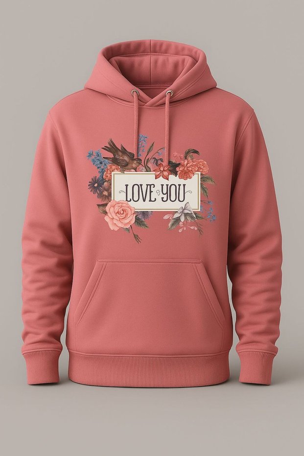 Floral Pattern Love You Printed Hooded Sweatshirt – Unisex Casual Fashion