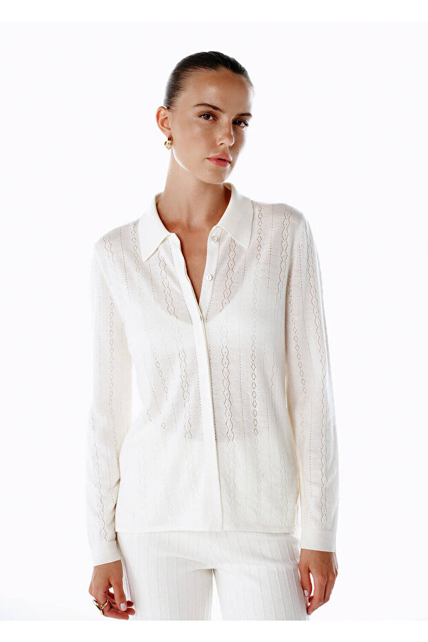 Extrafıne Merino Yün Karışımlı Triko Gömlek Ekru - 4