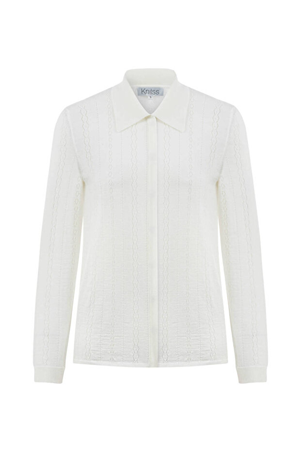 Extrafıne Merino Yün Karışımlı Triko Gömlek Ekru - 6