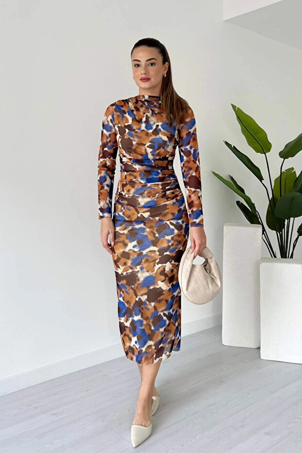 Drapeli Desenli Midi Tül Elbise - 1