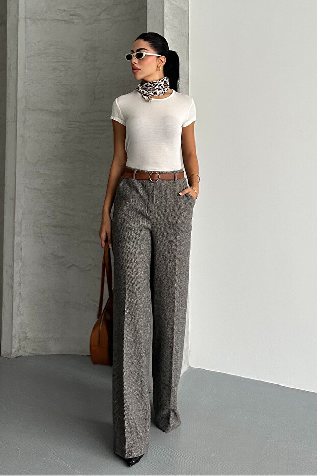 Női mintás, bő szárú, zsebes, öves palazzo nadrág - 1