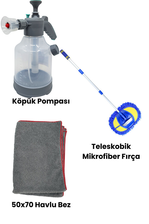 3 Lt Basınçlı Köpük Pompası, Mikrofiber Araba Yıkama Fırçası ve Silme Bezi – Araç Köpükleme Seti - 7