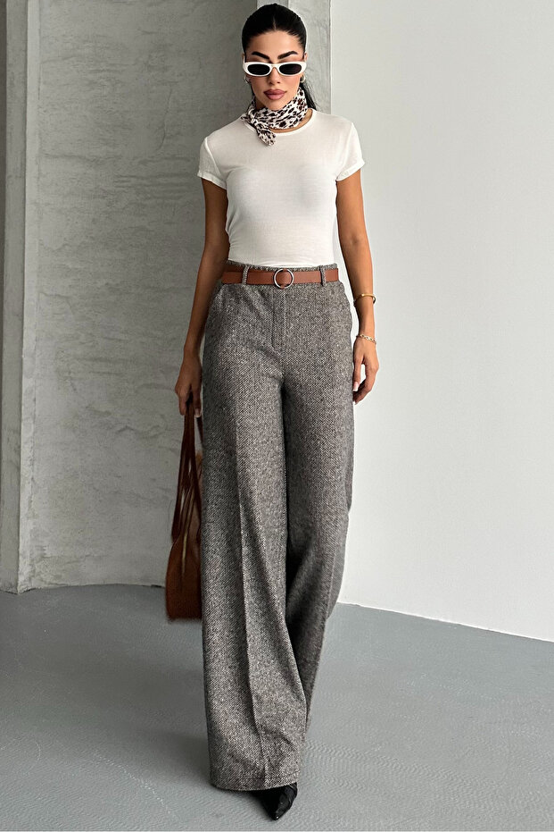 Női mintás, bő szárú, zsebes, öves palazzo nadrág - 3