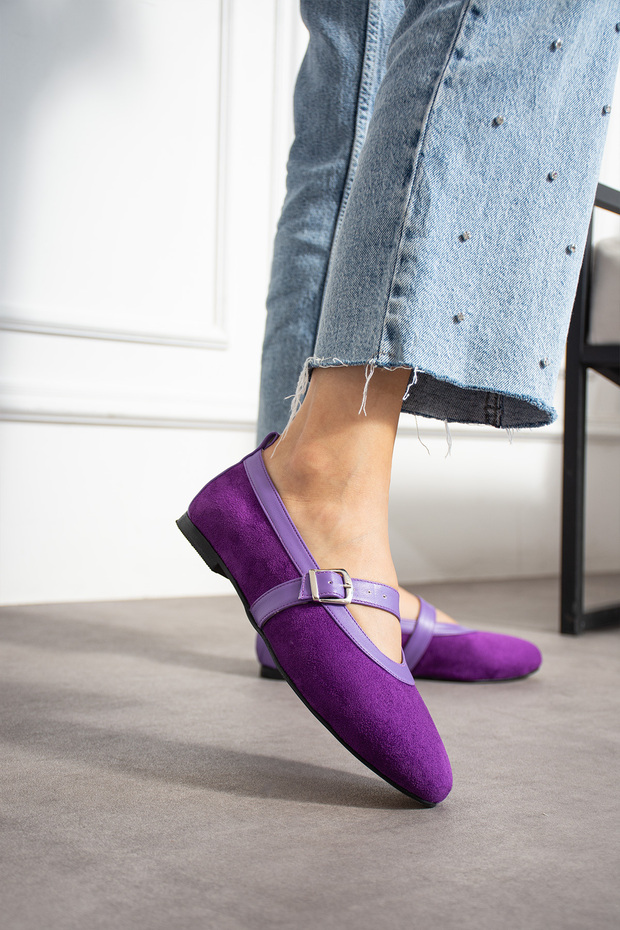 Milan Purple Calf Suede Ballerina Shoes