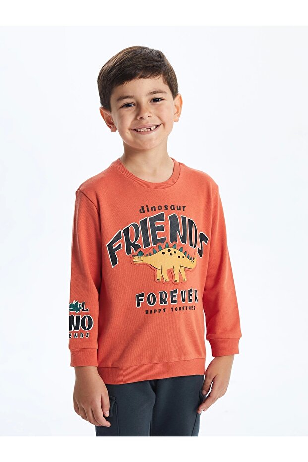 Lcw Kids Orange Crew Neck Printed Thick Boys' Sweatshirt