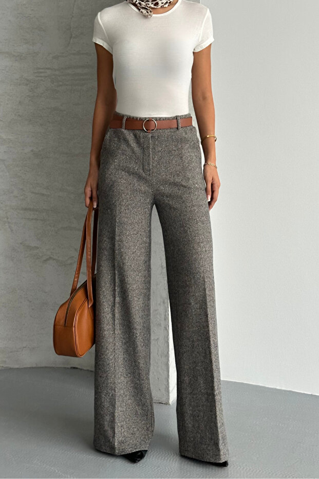 Női mintás, bő szárú, zsebes, öves palazzo nadrág - 5