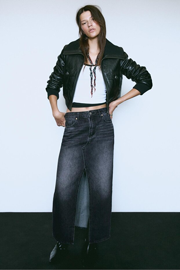 Dökümlü denim midi etek - 1