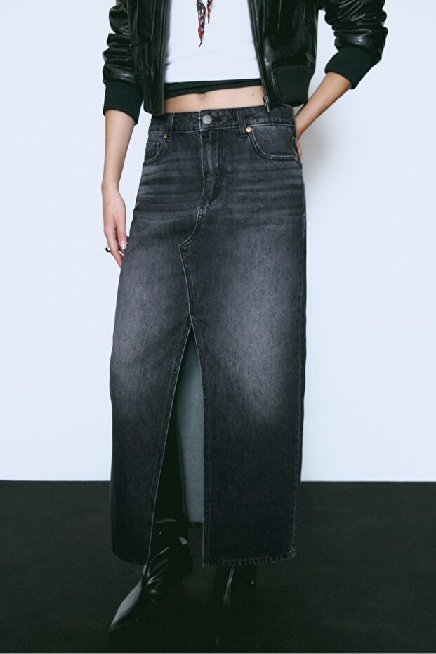 Dökümlü denim midi etek - 2
