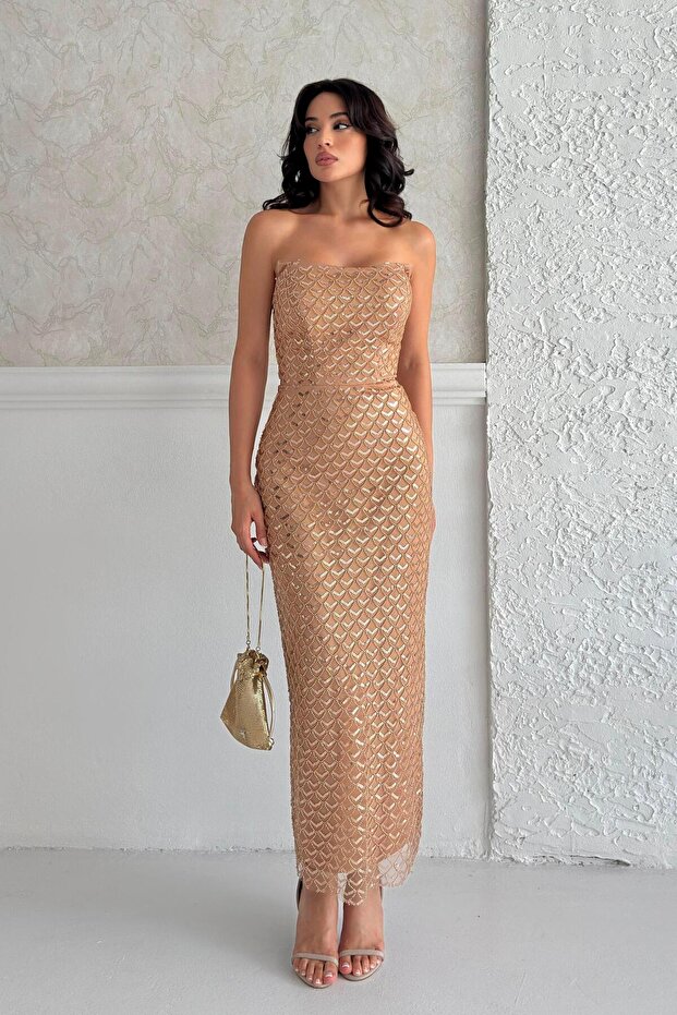 Gold Strapless Beaded Embroidered Mdii Evening Dress