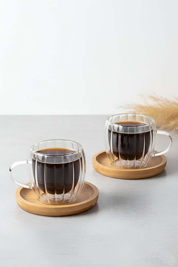 2’li Bambu Tabanlı Çift Cidarlı Cam Kahve Fincanı Takımı – 80 ml Şık ve Dayanıklı Bardak Seti - 4