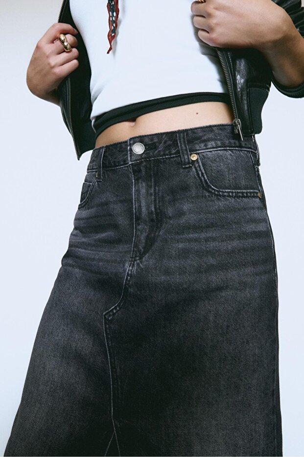 Dökümlü denim midi etek - 3