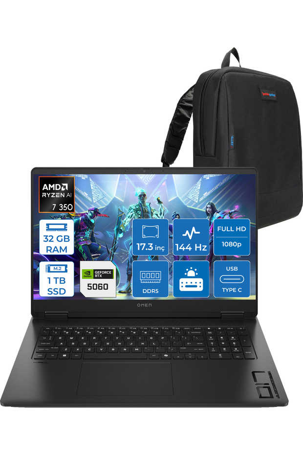 Omen 17-DB1015NT AI R7 350 32GB Ddr5 1tb RTX5060 8gb 17.3 Inç 144Hz FDOS C2EZ5EAF14 + Zetta Çanta - 1