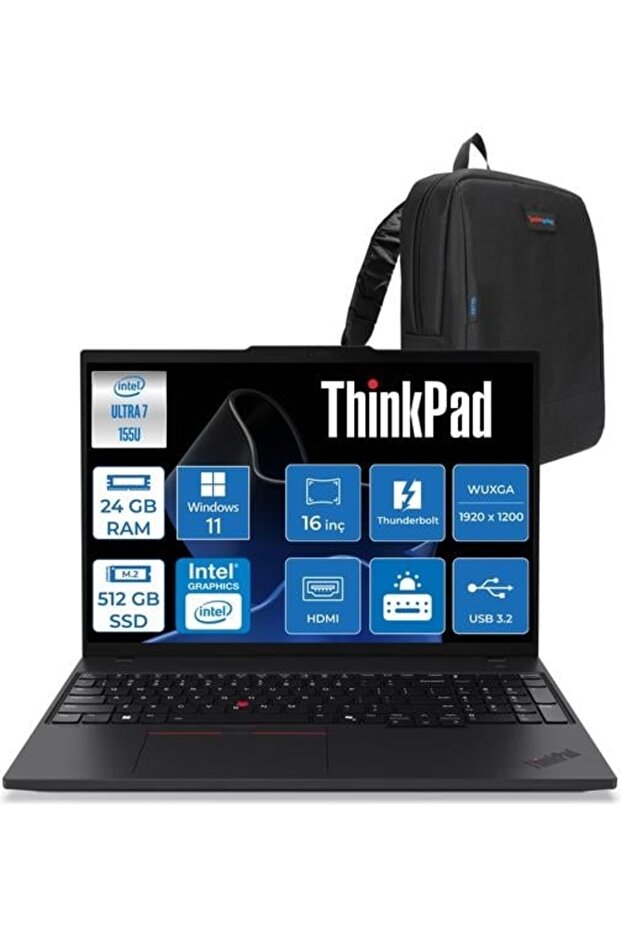 Thinkpad T16 Gen3 Ultra 7 155U 24GB Ddr5 512GB SSD 16" IPS W11PRO 21MQS6HS00H05+ZettaÇNT - 1