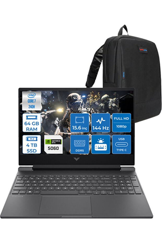 Victus I7 240H 64GB Ddr5 4tb SSD 8GB/RTX5060 15.6" 144Hz IPS 62.5% Srgb W11PRO BV7W9EAH24+ZettaÇNT - 1