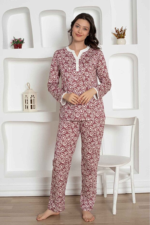 ADA TEKS Gül Kurusu Çiçek Desenli Uzun Kollu Penye Pijama Takımı - 2