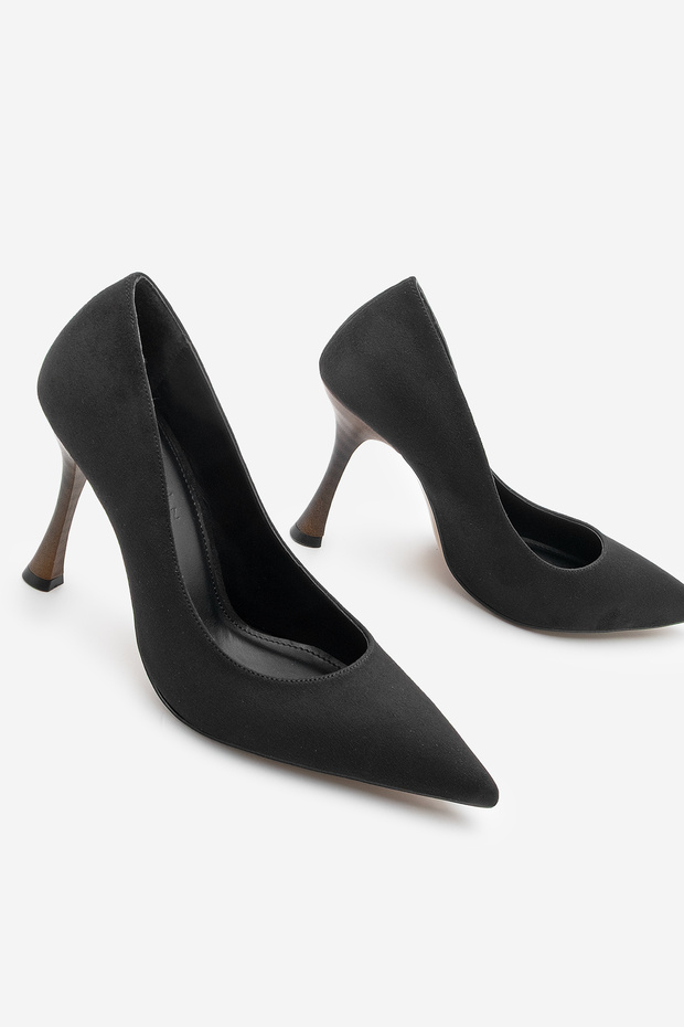 Women's Stiletto Pointed Toe Wooden Heel Patterned Classic Heeled Shoes Oplin Black Suede